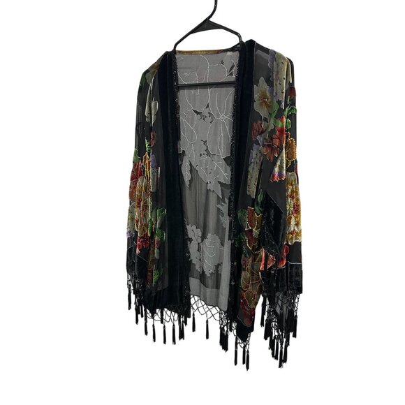 Floral Embroidered Sheer Burn Out Kimono Cardigan Fringe Beads Boho Whimsigoth - Picture 3 of 6